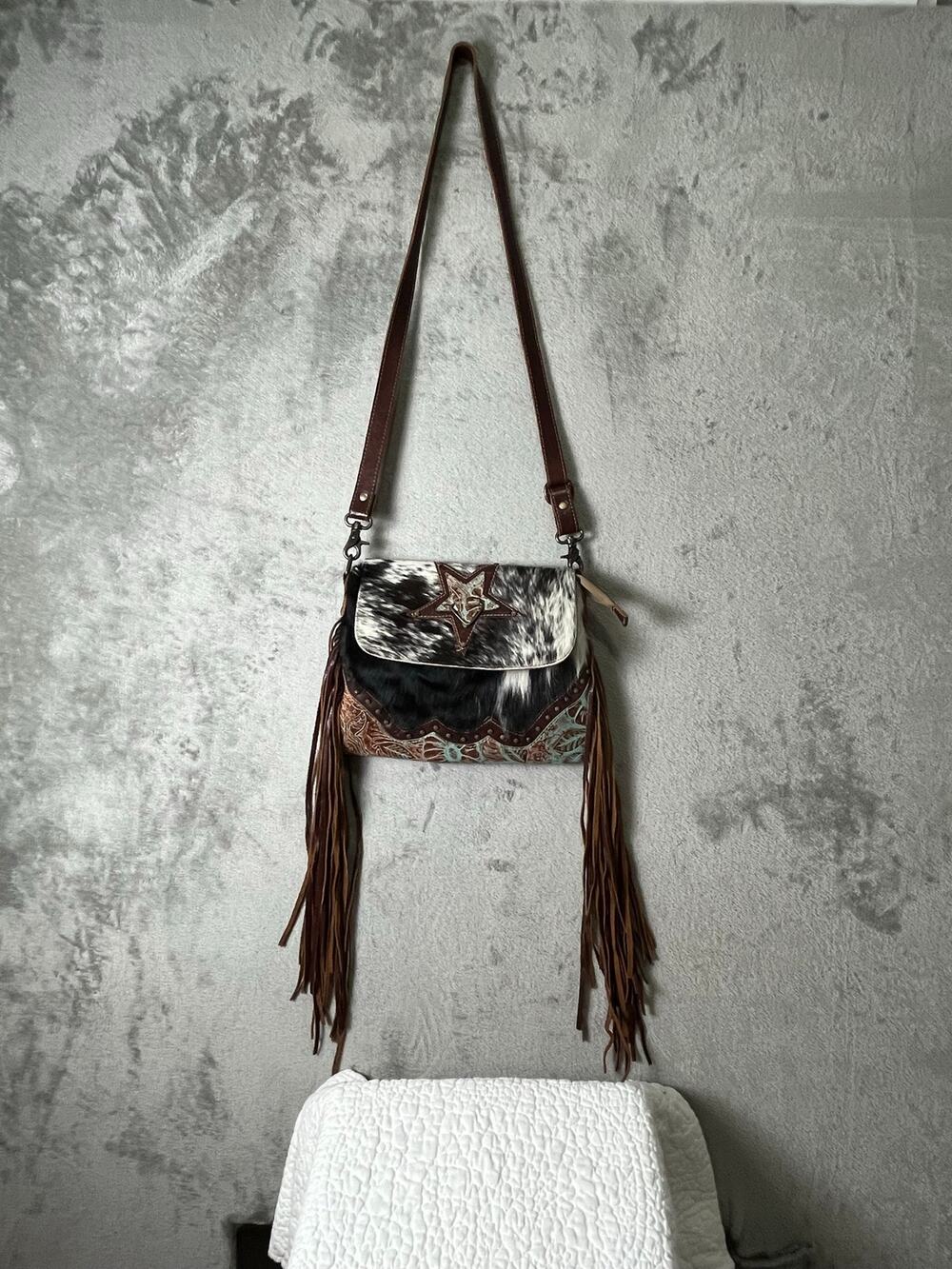 Myra Western Cowhide Fringe Crossbody Bag Leather Star Boho Cowgirl Rodeo Purse